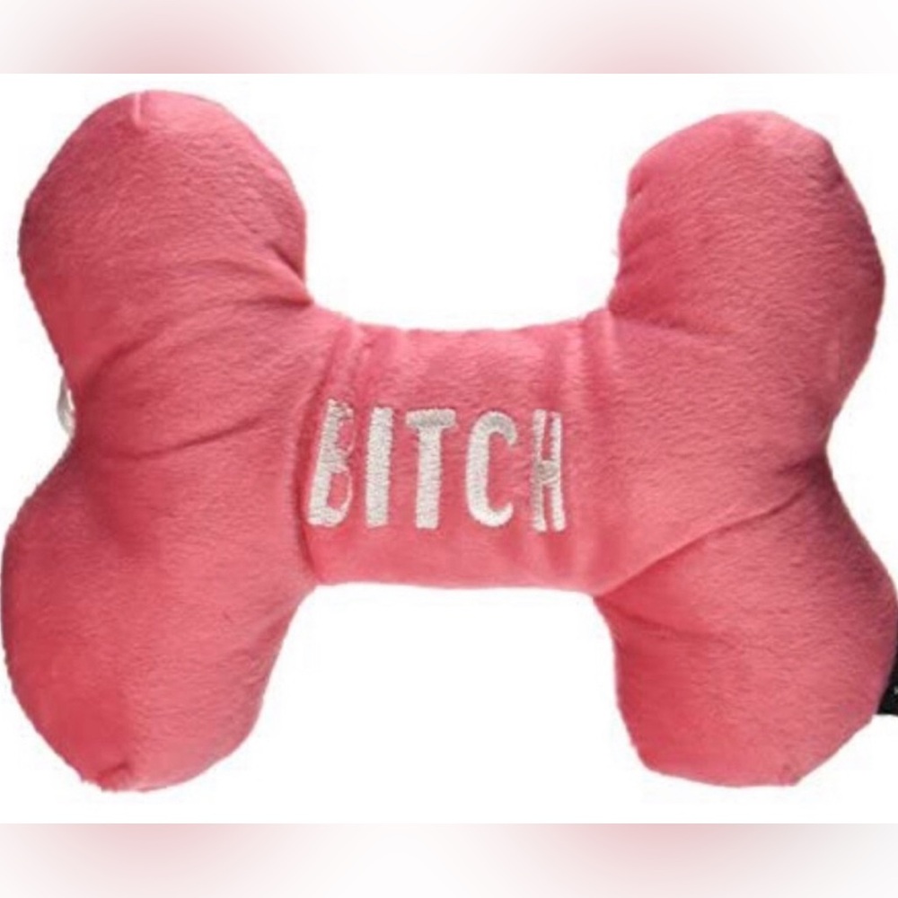 "B*tch” Embroidered Pink Plush Puppy Dog Bone 8x6” Squeaky Toy Large Humor Funny